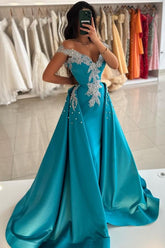 Charming Blue Column V-Neck Off-The-Shoulder Sleeveless Beaded Panel Train Long Satin Evening Dresses with Pearls And Appliques